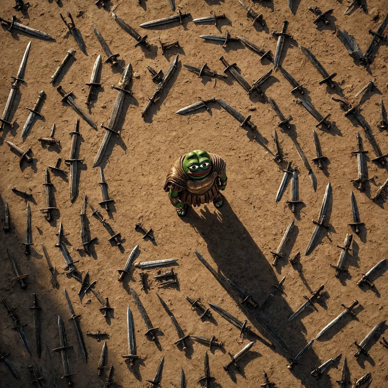 Kekius Maximus standing alone in a battlefield of fallen swords