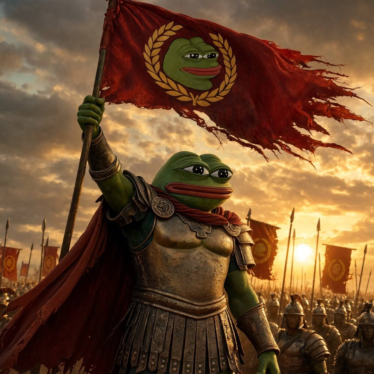 Kekius Maximus raising the imperial banner before his legion at sunset