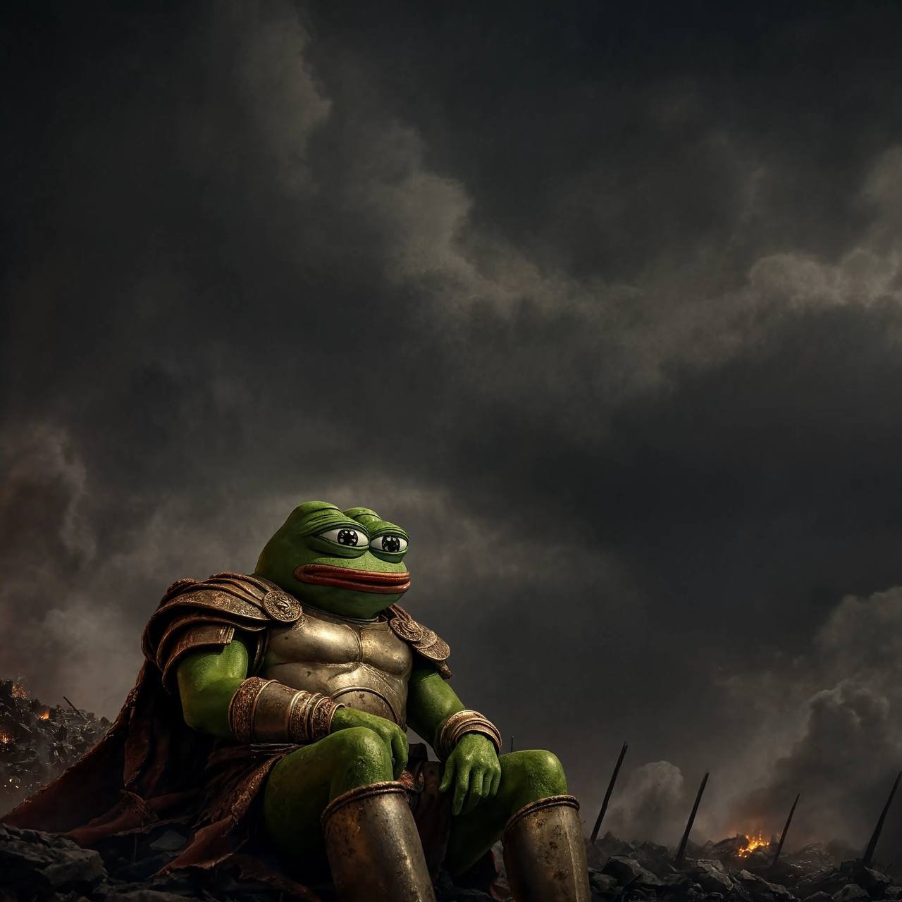 Kekius Maximus enthroned beneath a storm-torn sky